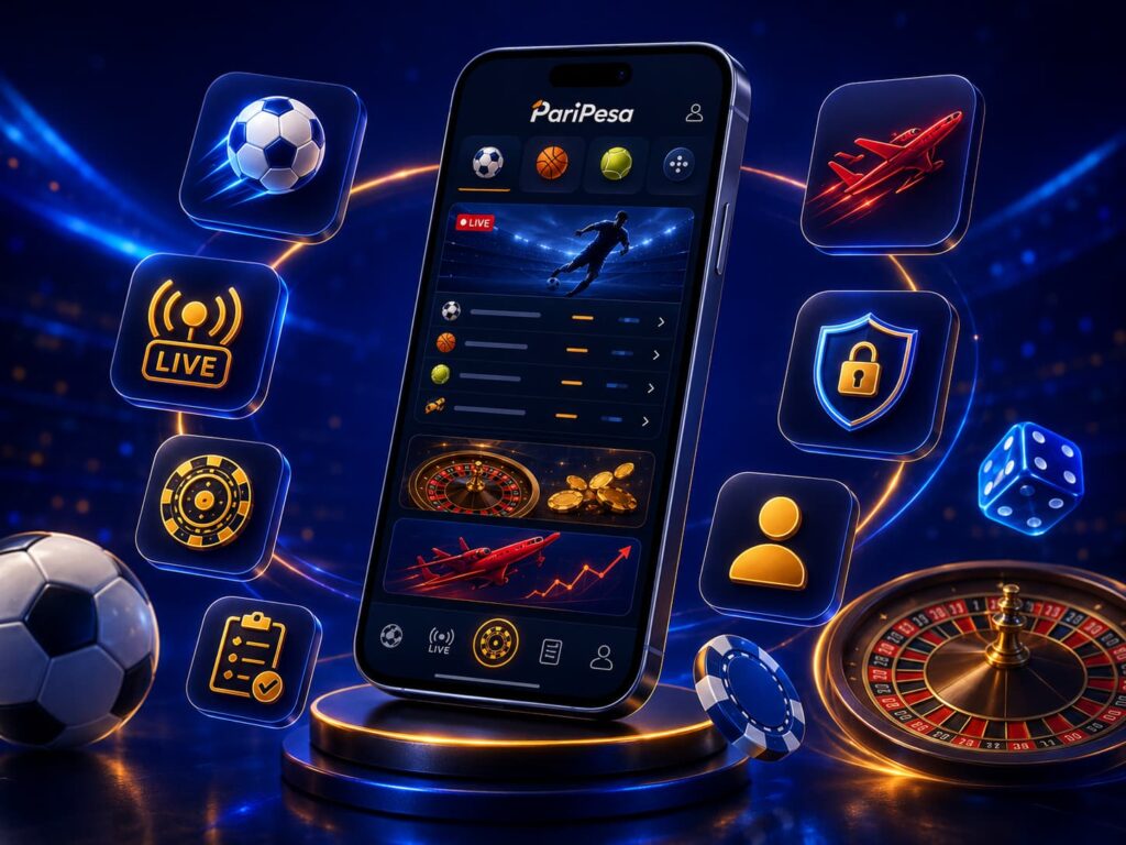 Funzioni dell’app con sport, sezione live, casino e opzioni di pagamento in una schermata