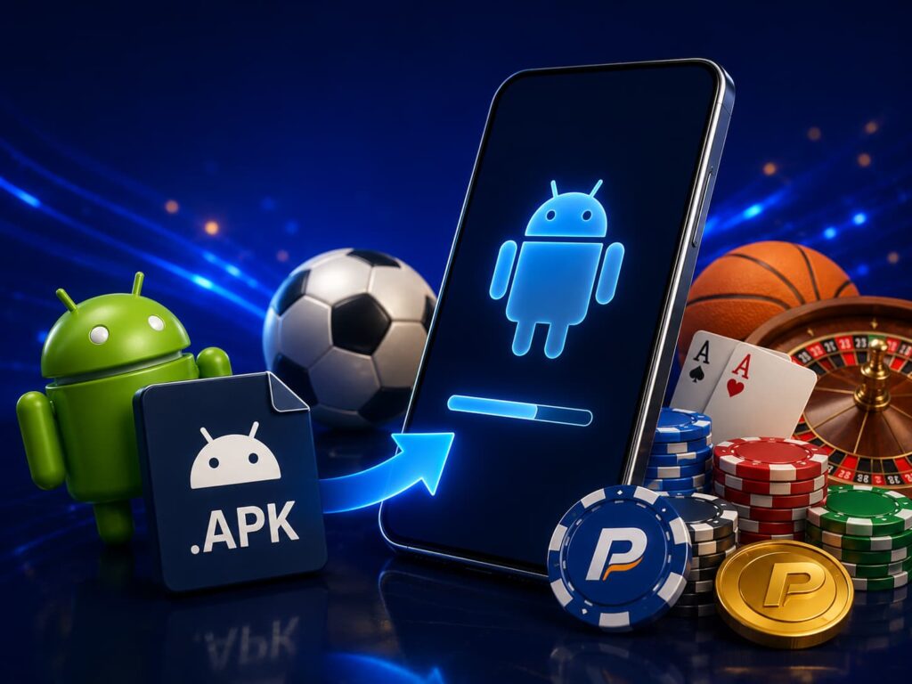 Passaggi di installazione APK con simbolo Android, schermata mobile e dettagli di configurazione