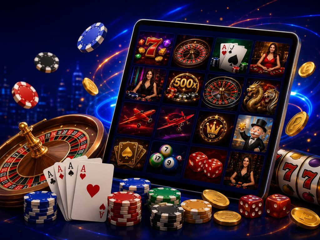 Varietà di giochi da casino con roulette, carte, fiches e icone di diverse opzioni