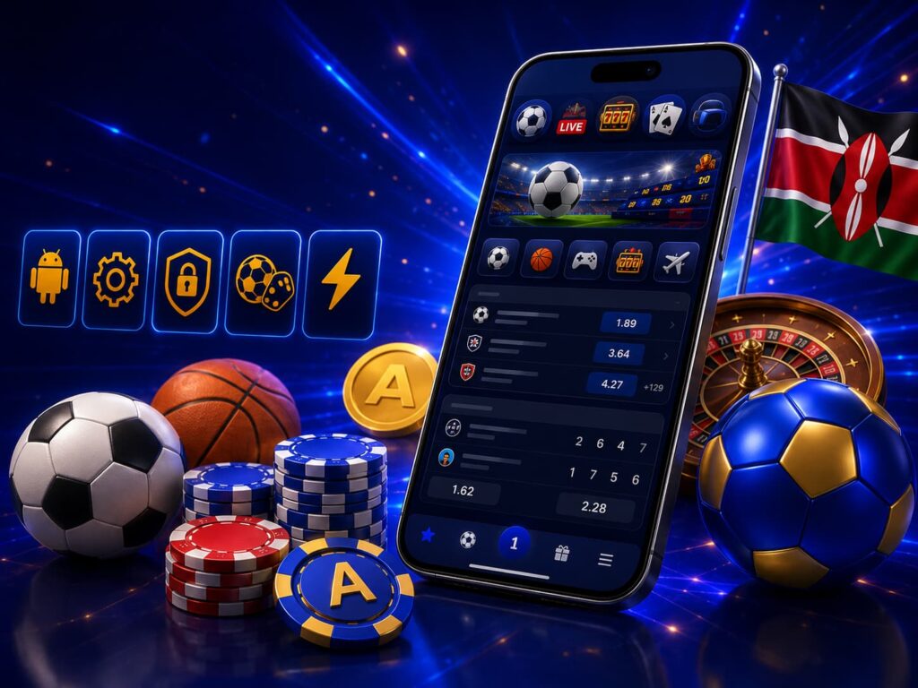 Presentazione di app mobile con smartphone, simboli sportivi e funzioni di scommessa