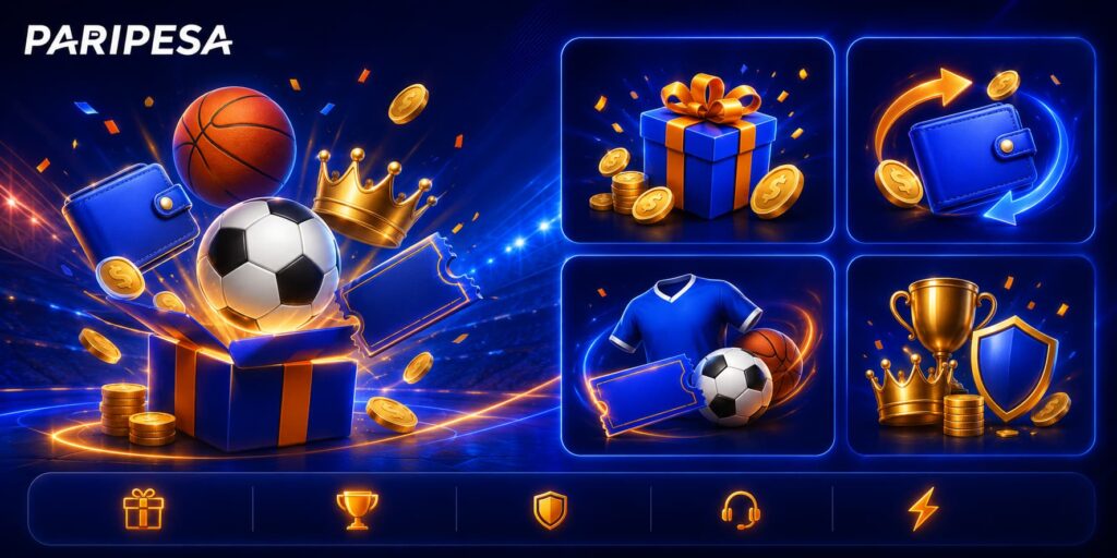 Composição promocional com caixas de oferta, moedas, bolas desportivas e símbolos de recompensa