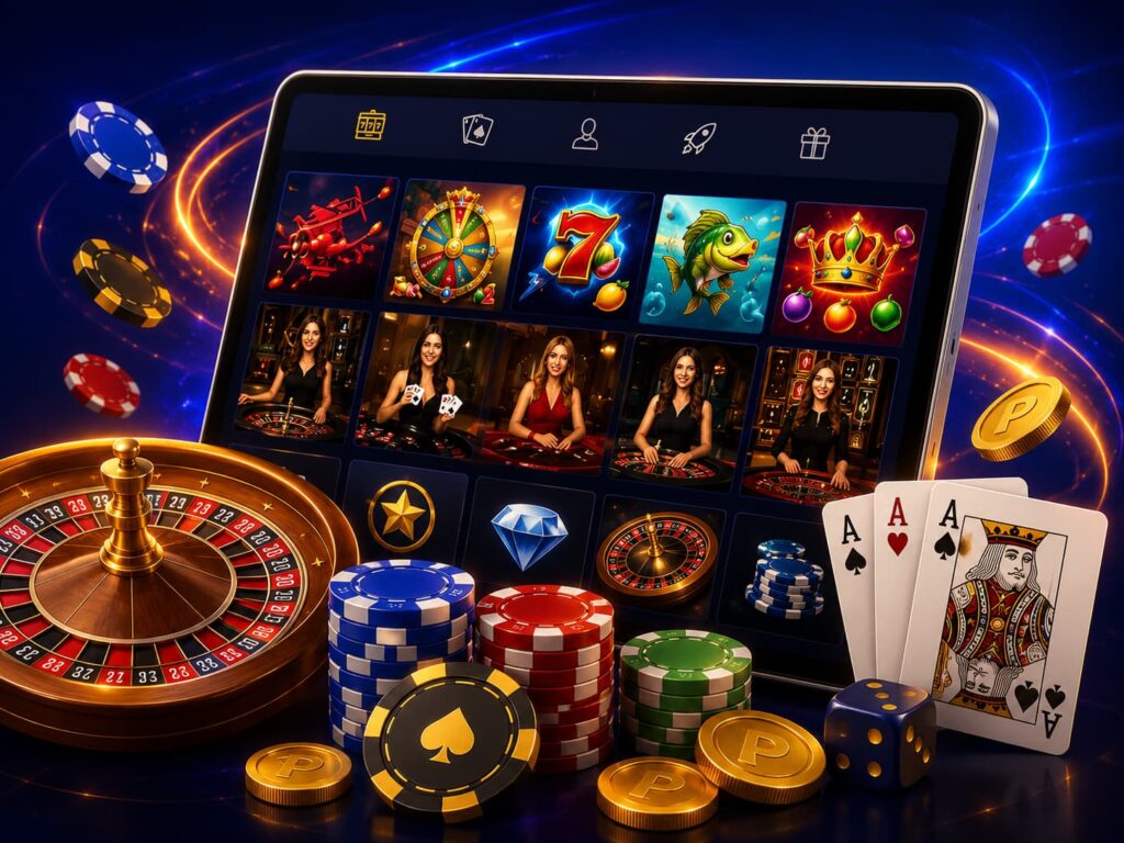 Area di gioco online con roulette, fiches, carte e atmosfera da casino digitale