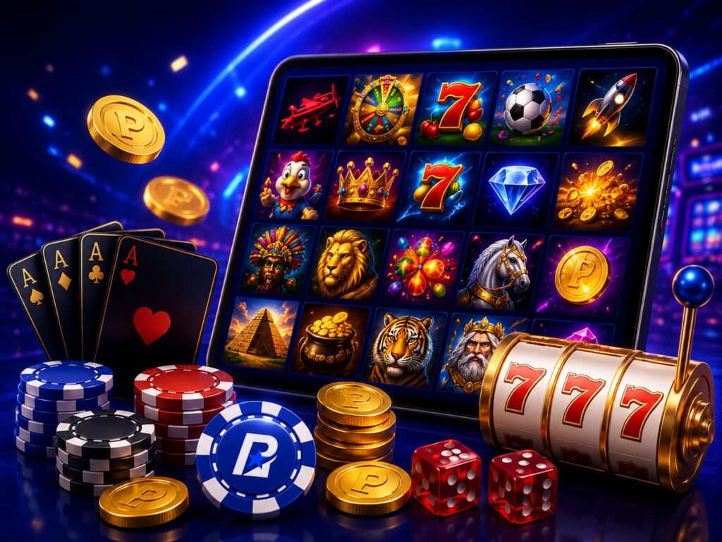 Scena colorata di slot machine con rulli luminosi, fiches e dettagli da gioco casino