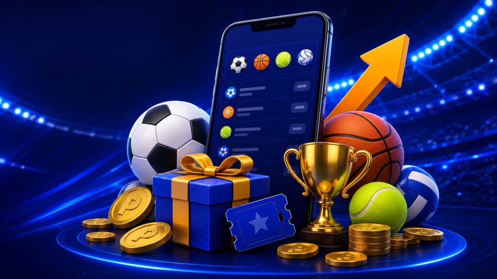 Gráfico desportivo com troféu, bolas, moedas e elementos de bónus para ofertas de apostas
